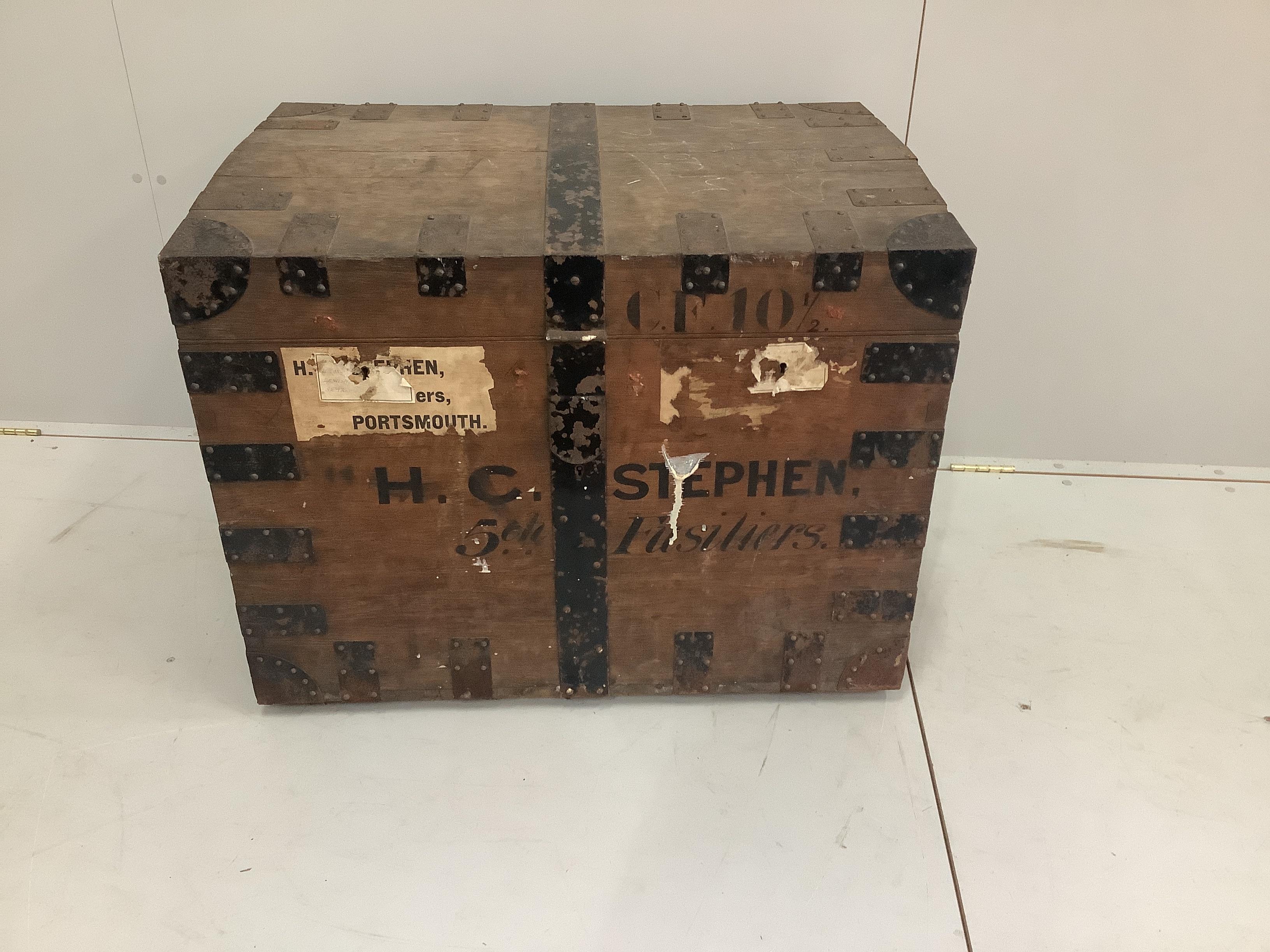 A Victorian iron bound oak fitted silver chest by Wilson & Gill, width 83cm, depth 58cm, height 64cm